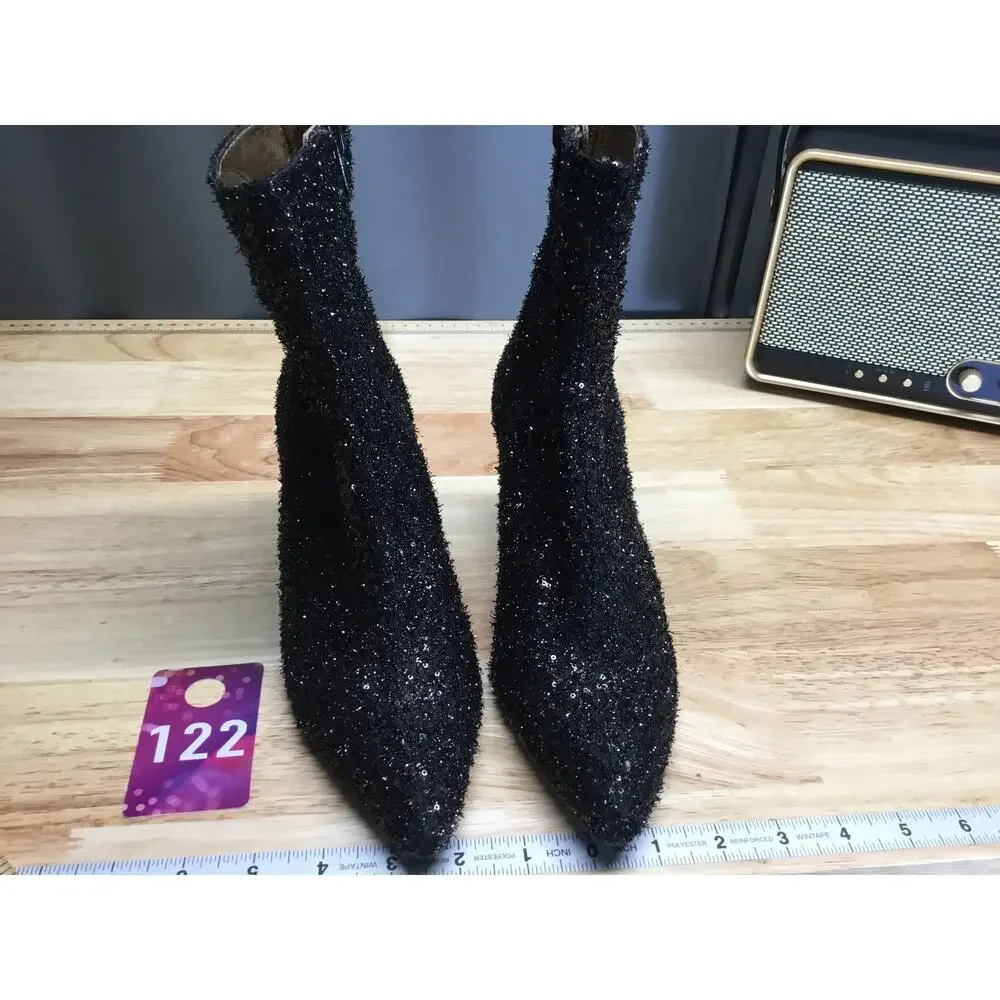 Pedro Anton Women's 6.5 Black Sequin Zipper Pointed Toe Flared Heel Ankle Boots